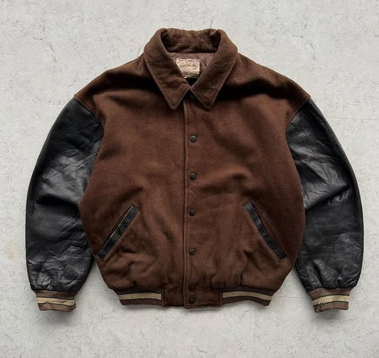 Black and Brown Leather Sleeves Varsity Jacket