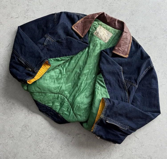 Brown and Blue Collared Denim Jacket