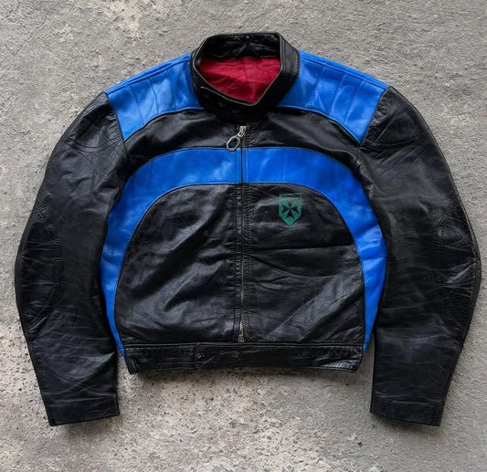 Blue and Black Color Block Leather Jacket