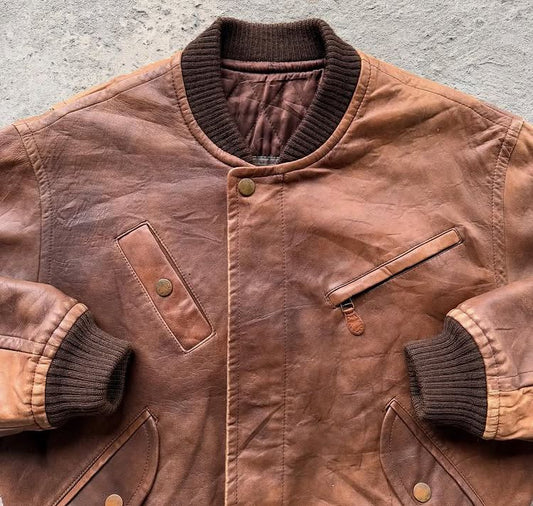 Antique Brown Leather Bomber Jacket