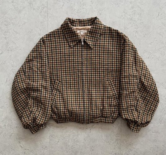 Brown Houndstooth Oversized Jacket – Zip Front